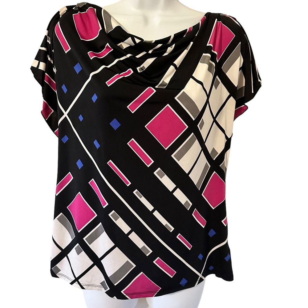 Worthington Petite Stretch Geometric Black, Pink, White, Gray Top Size PL